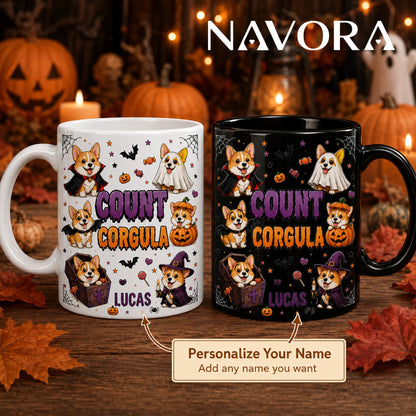 Personalized Count Corgula Halloween mugs in black and white with custom name, vampire, ghost, pumpkin, bat, coffin, and witch Corgis