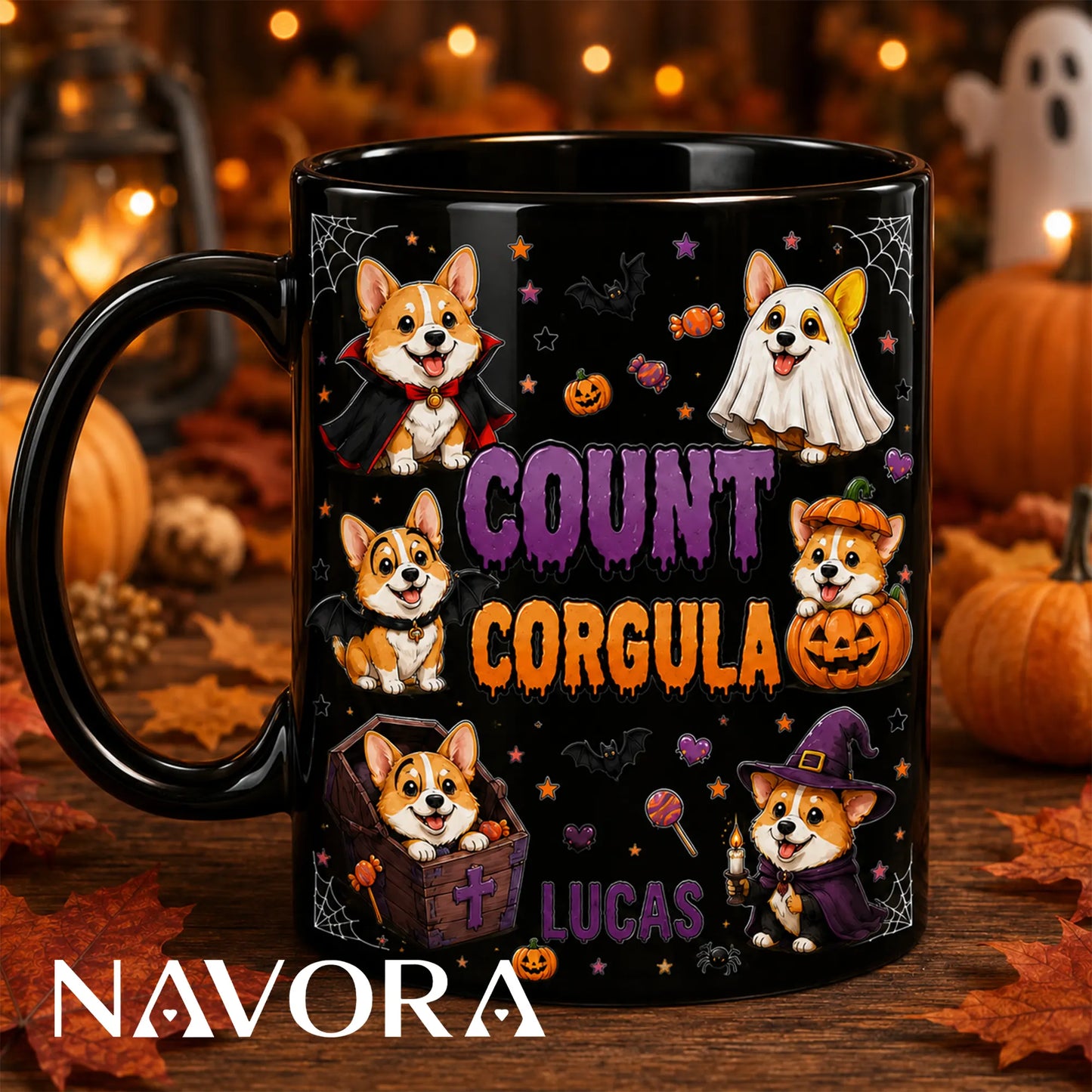 Personalized Count Corgula Halloween mugs in black and white with custom name, vampire, ghost, pumpkin, bat, coffin, and witch Corgis