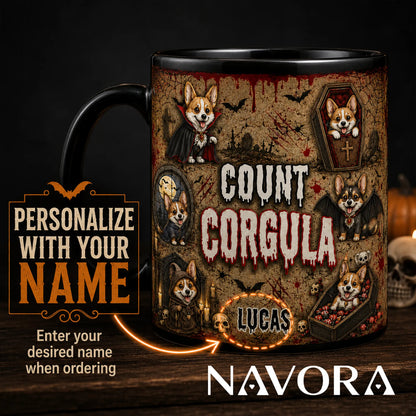 Personalized Count Corgula Halloween mug with custom name, vampire Corgis, coffins, bats, skulls, and Gothic graveyard design