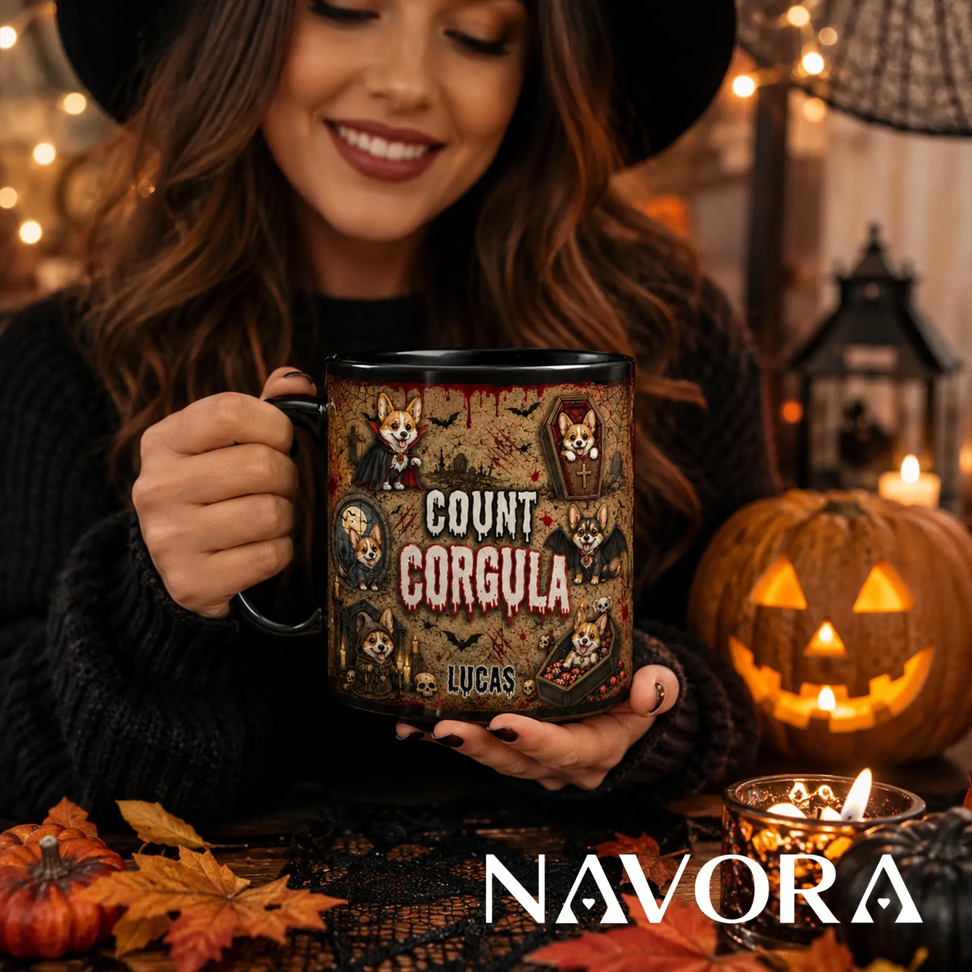Personalized Count Corgula Halloween mug with custom name, vampire Corgis, coffins, bats, skulls, and Gothic graveyard design