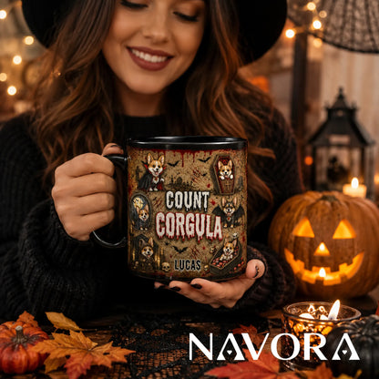 Personalized Count Corgula Halloween mug with custom name, vampire Corgis, coffins, bats, skulls, and Gothic graveyard design