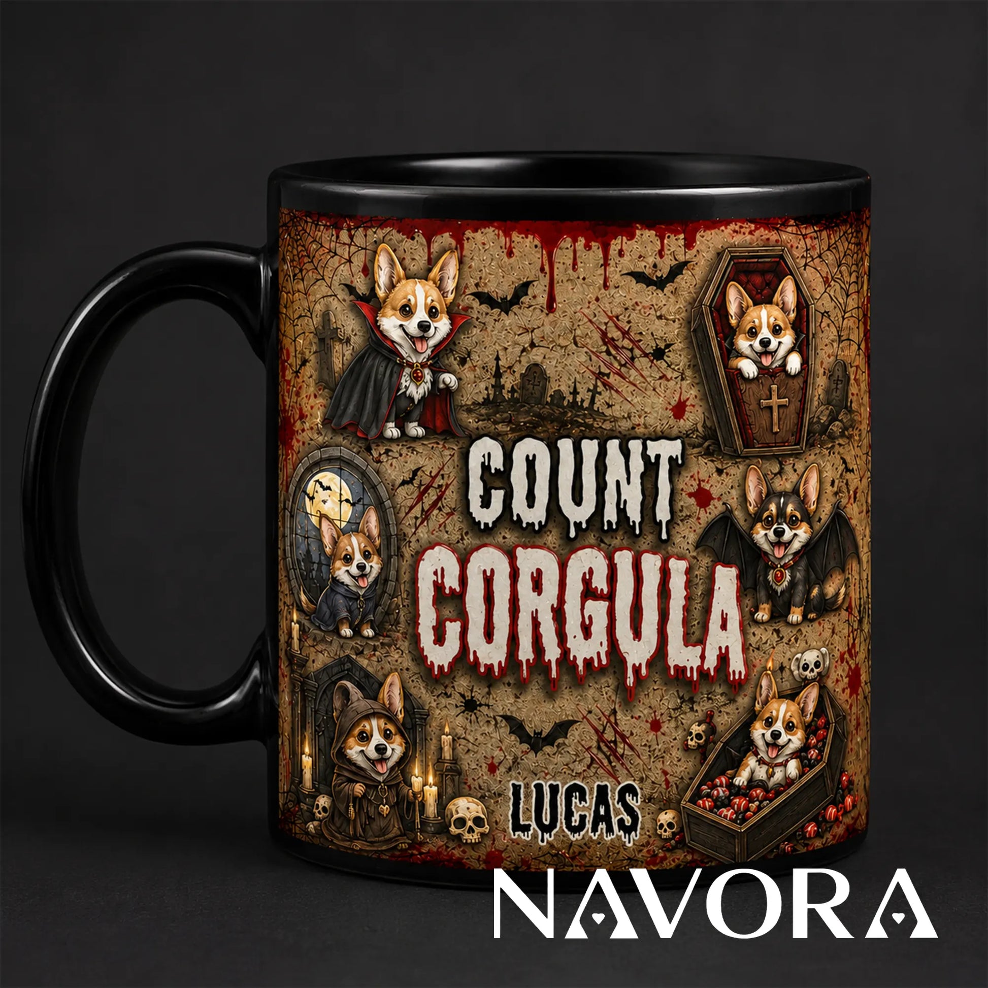 Personalized Count Corgula Halloween mug with custom name, vampire Corgis, coffins, bats, skulls, and Gothic graveyard design