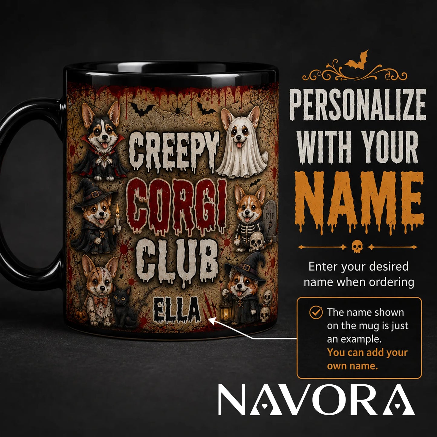 Personalized Creepy Corgi Club Halloween mug with custom name, vampire, ghost, witch, skeleton, black cat, skulls, and bats