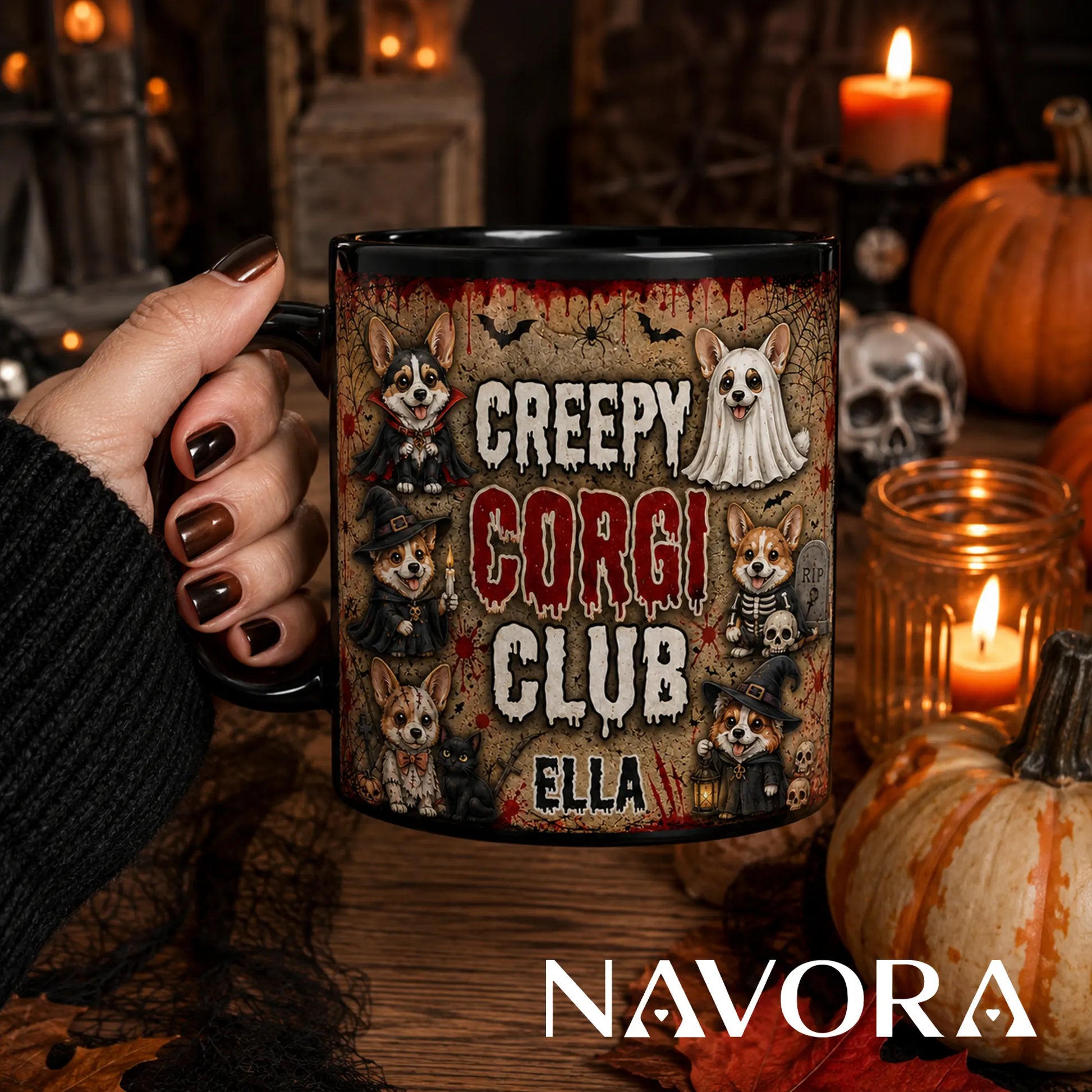 Personalized Creepy Corgi Club Halloween mug with custom name, vampire, ghost, witch, skeleton, black cat, skulls, and bats