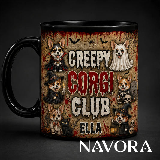 Personalized Creepy Corgi Club Halloween mug with custom name, vampire, ghost, witch, skeleton, black cat, skulls, and bats