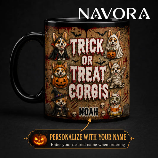 Personalized Trick or Treat Corgis Halloween mug with custom name, vampire, ghost, pumpkin, mummy, witch, and zombie dogs