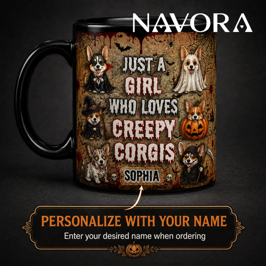 Personalized Creepy Corgis Halloween mug with custom name, vampire, ghost, witch, pumpkin, zombie, and grim reaper dogs