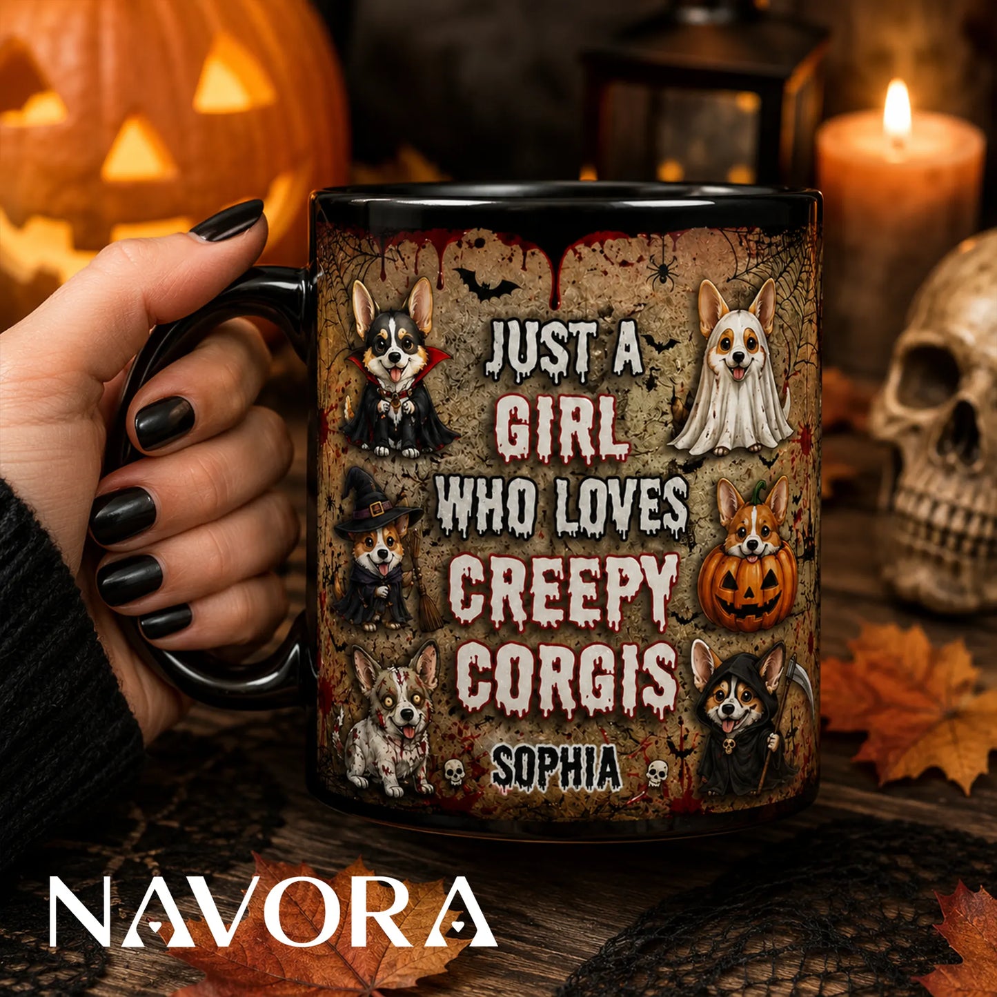 Personalized Creepy Corgis Halloween mug with custom name, vampire, ghost, witch, pumpkin, zombie, and grim reaper dogs