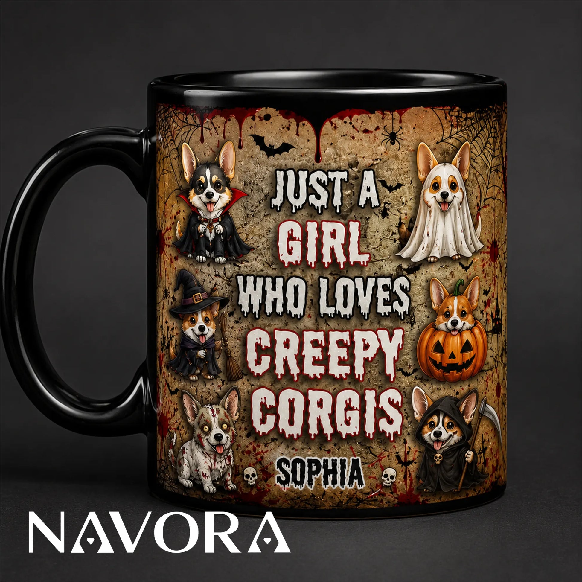 Personalized Creepy Corgis Halloween mug with custom name, vampire, ghost, witch, pumpkin, zombie, and grim reaper dogs