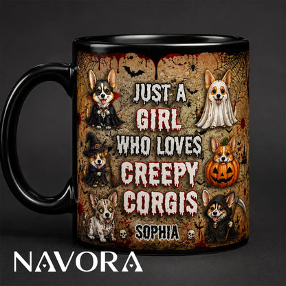 Personalized Creepy Corgis Halloween mug with custom name, vampire, ghost, witch, pumpkin, zombie, and grim reaper dogs