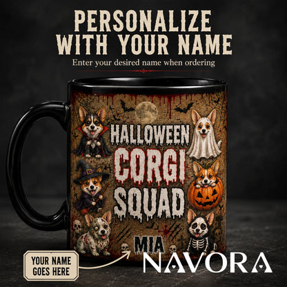 Personalized Halloween Corgi Squad mug with custom name, vampire, ghost, witch, pumpkin, zombie, and skeleton dogs