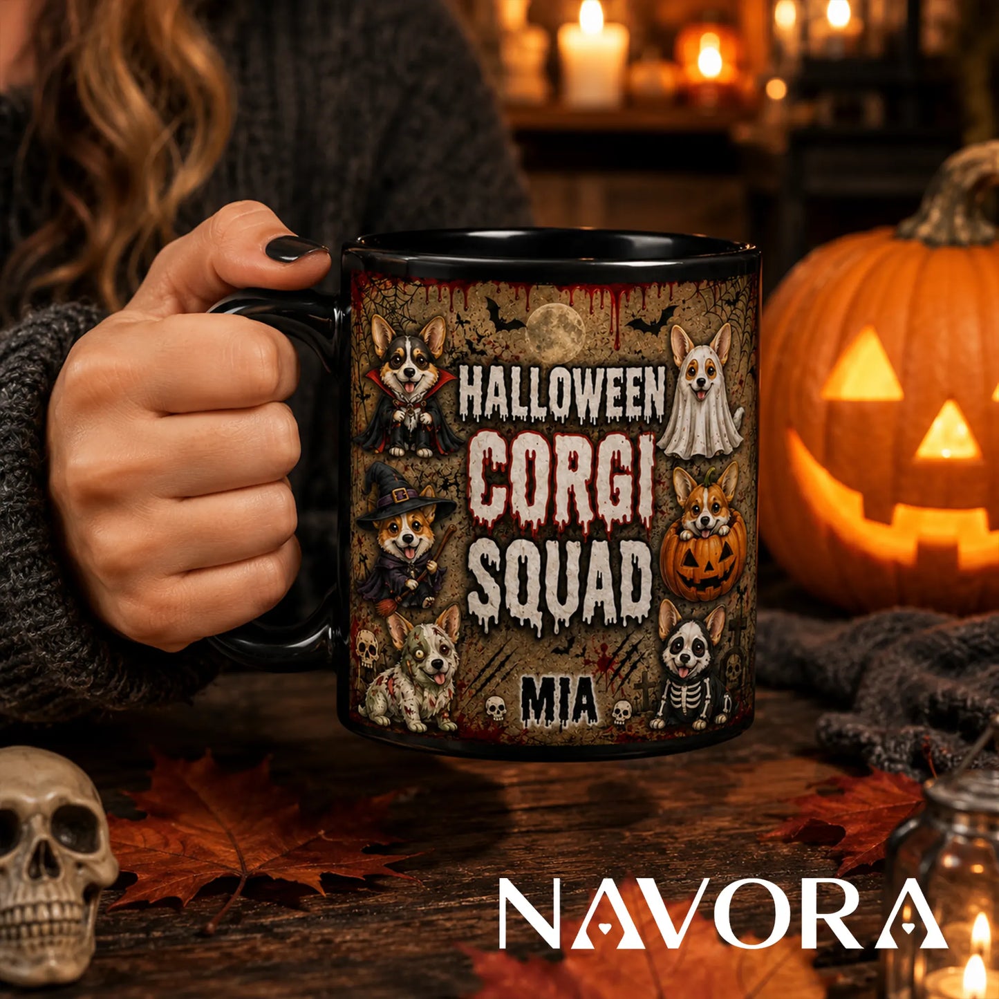 Personalized Halloween Corgi Squad mug with custom name, vampire, ghost, witch, pumpkin, zombie, and skeleton dogs