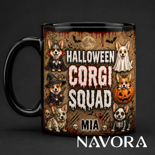 Personalized Halloween Corgi Squad mug with custom name, vampire, ghost, witch, pumpkin, zombie, and skeleton dogs