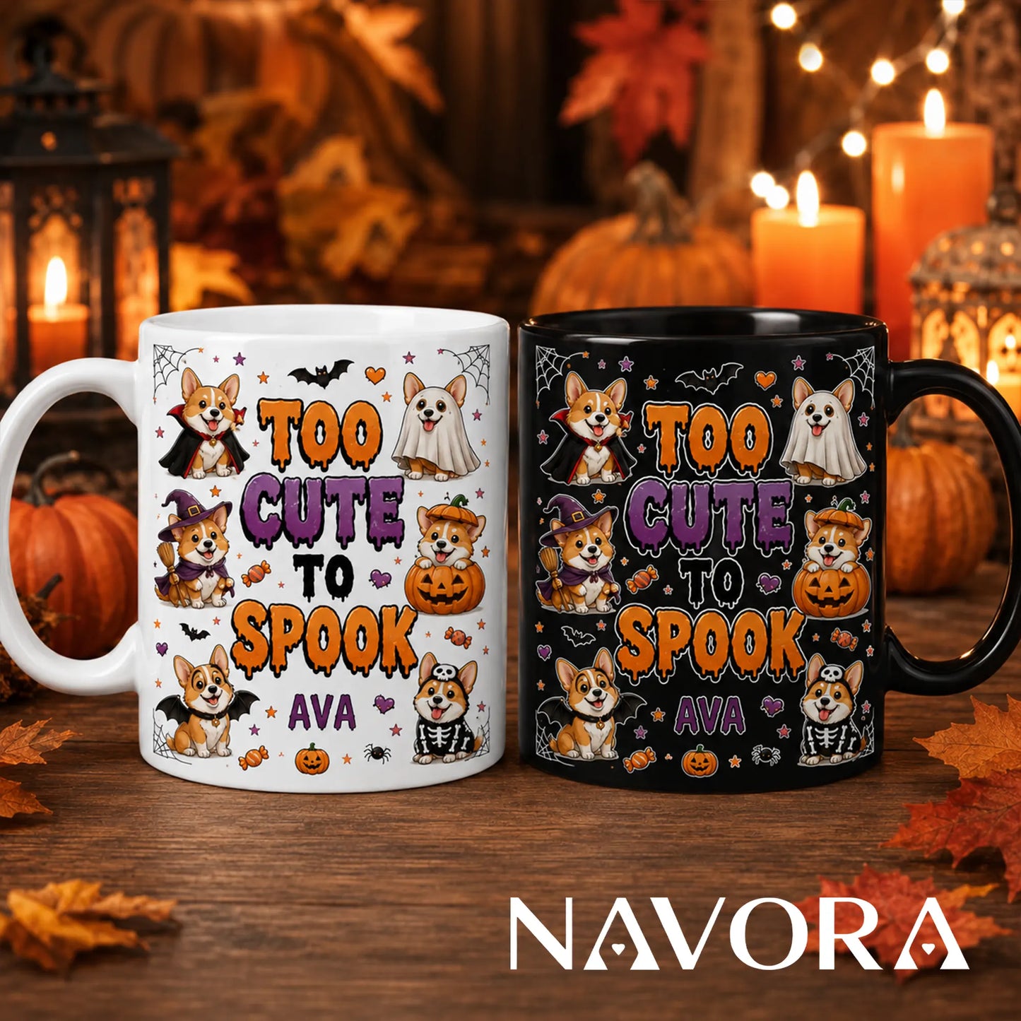 Personalized white Too Cute to Spook Corgi Halloween mug with custom name, vampire, ghost, witch, pumpkin, bat, and skeleton dogs
