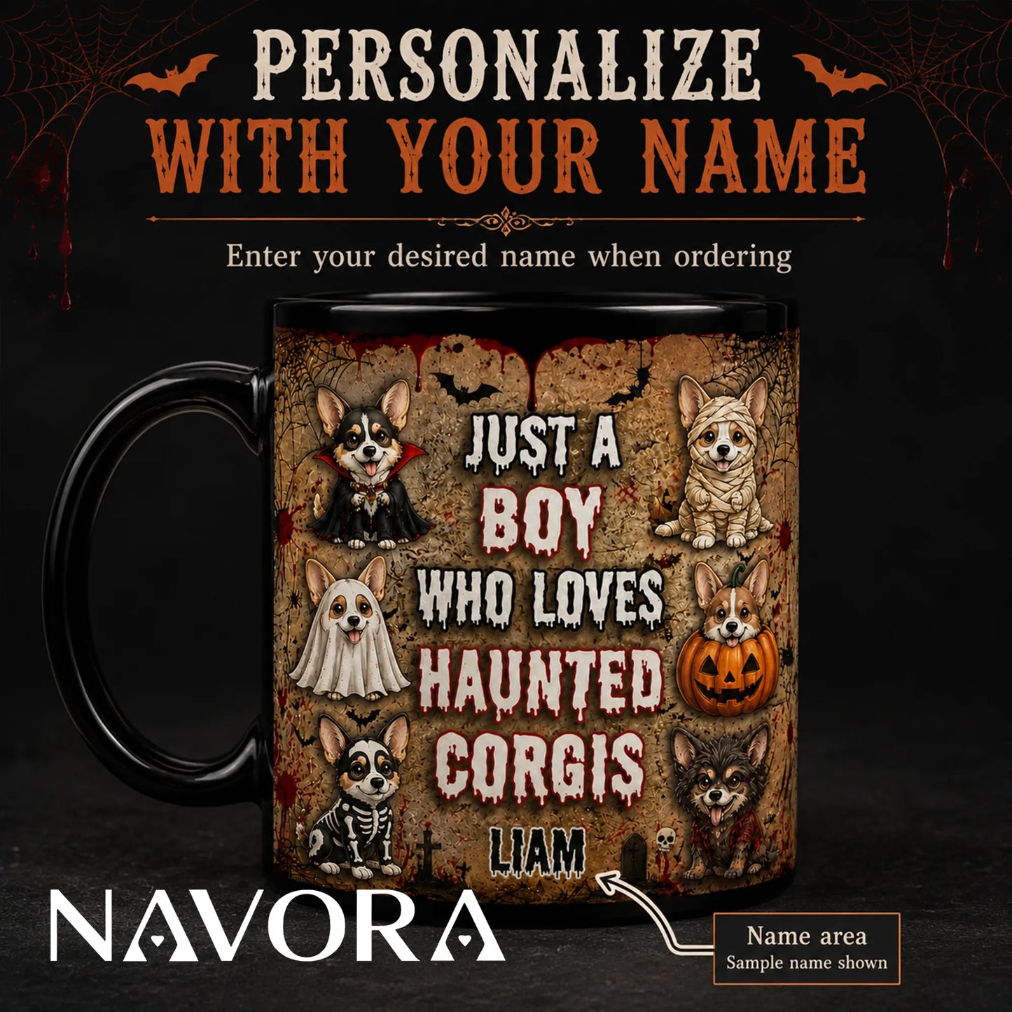 Personalized Haunted Corgis Halloween mug with custom name, vampire, mummy, ghost, pumpkin, skeleton, and werewolf dogs