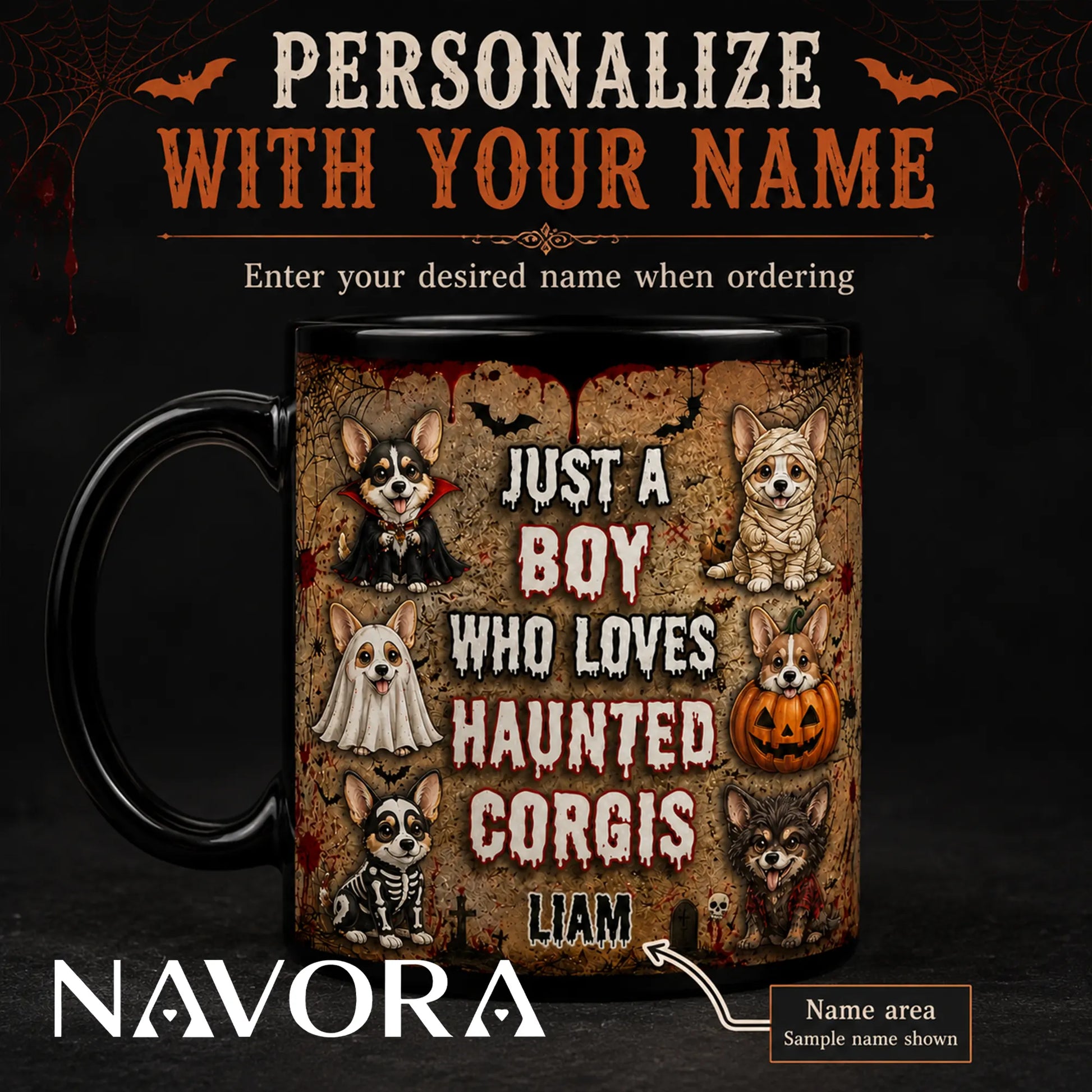 Personalized Haunted Corgis Halloween mug with custom name, vampire, mummy, ghost, pumpkin, skeleton, and werewolf dogs