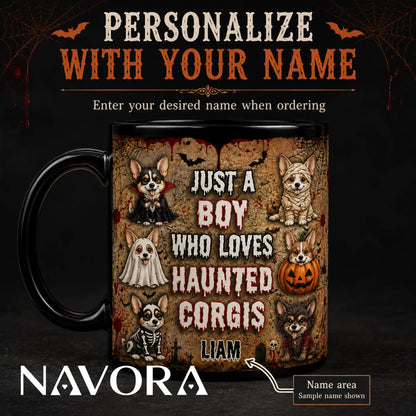 Personalized Haunted Corgis Halloween mug with custom name, vampire, mummy, ghost, pumpkin, skeleton, and werewolf dogs