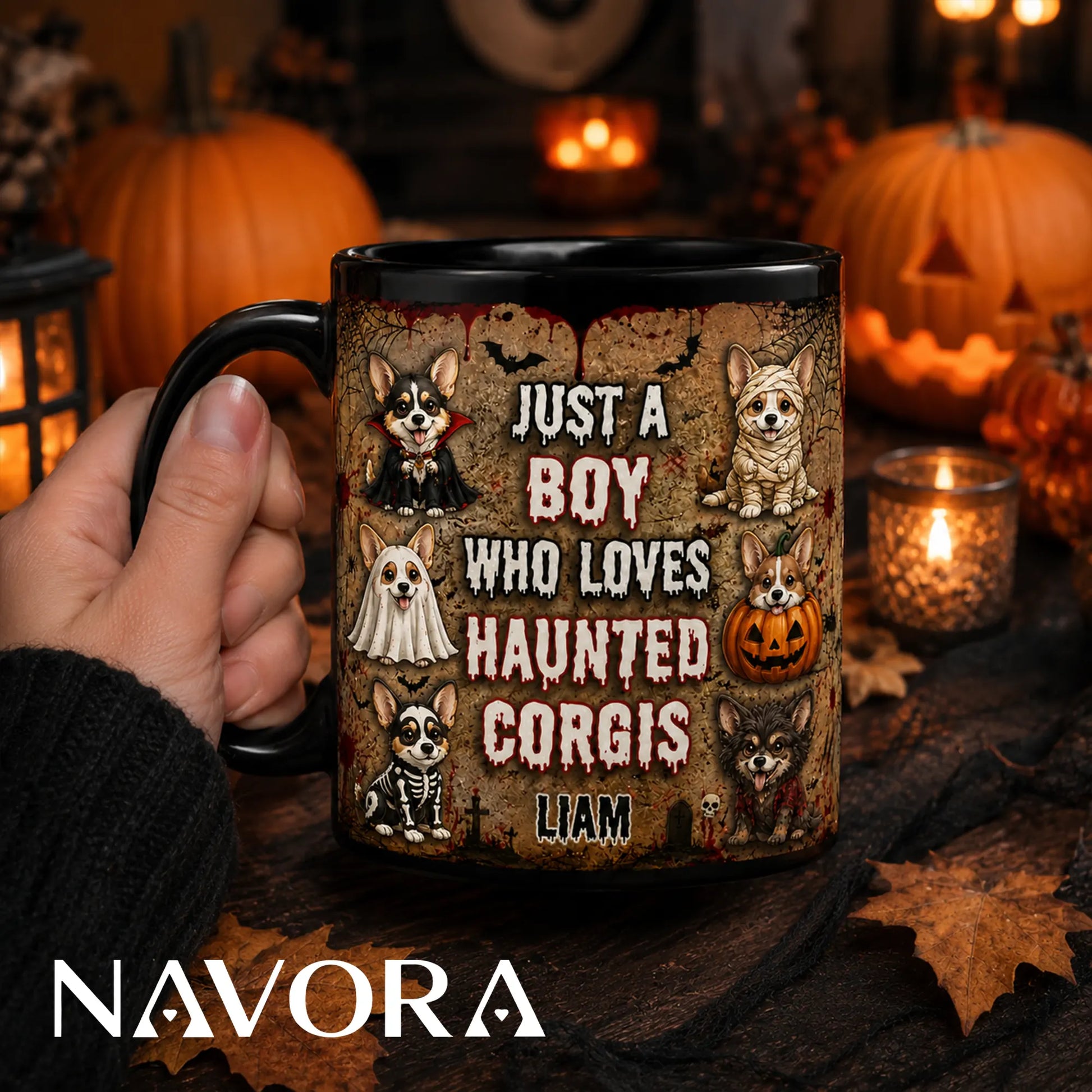 Personalized Haunted Corgis Halloween mug with custom name, vampire, mummy, ghost, pumpkin, skeleton, and werewolf dogs