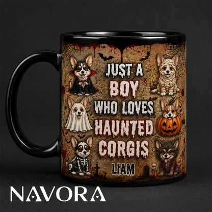 Personalized Haunted Corgis Halloween mug with custom name, vampire, mummy, ghost, pumpkin, skeleton, and werewolf dogs