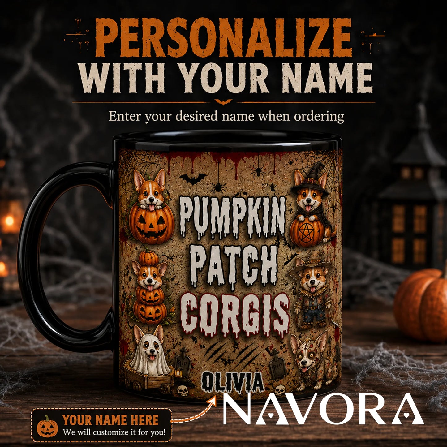 Personalized Pumpkin Patch Corgis Halloween mug with custom name, witch, ghost, scarecrow, zombie dogs, and jack-o’-lanterns