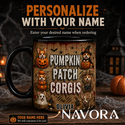Personalized Pumpkin Patch Corgis Halloween mug with custom name, witch, ghost, scarecrow, zombie dogs, and jack-o’-lanterns