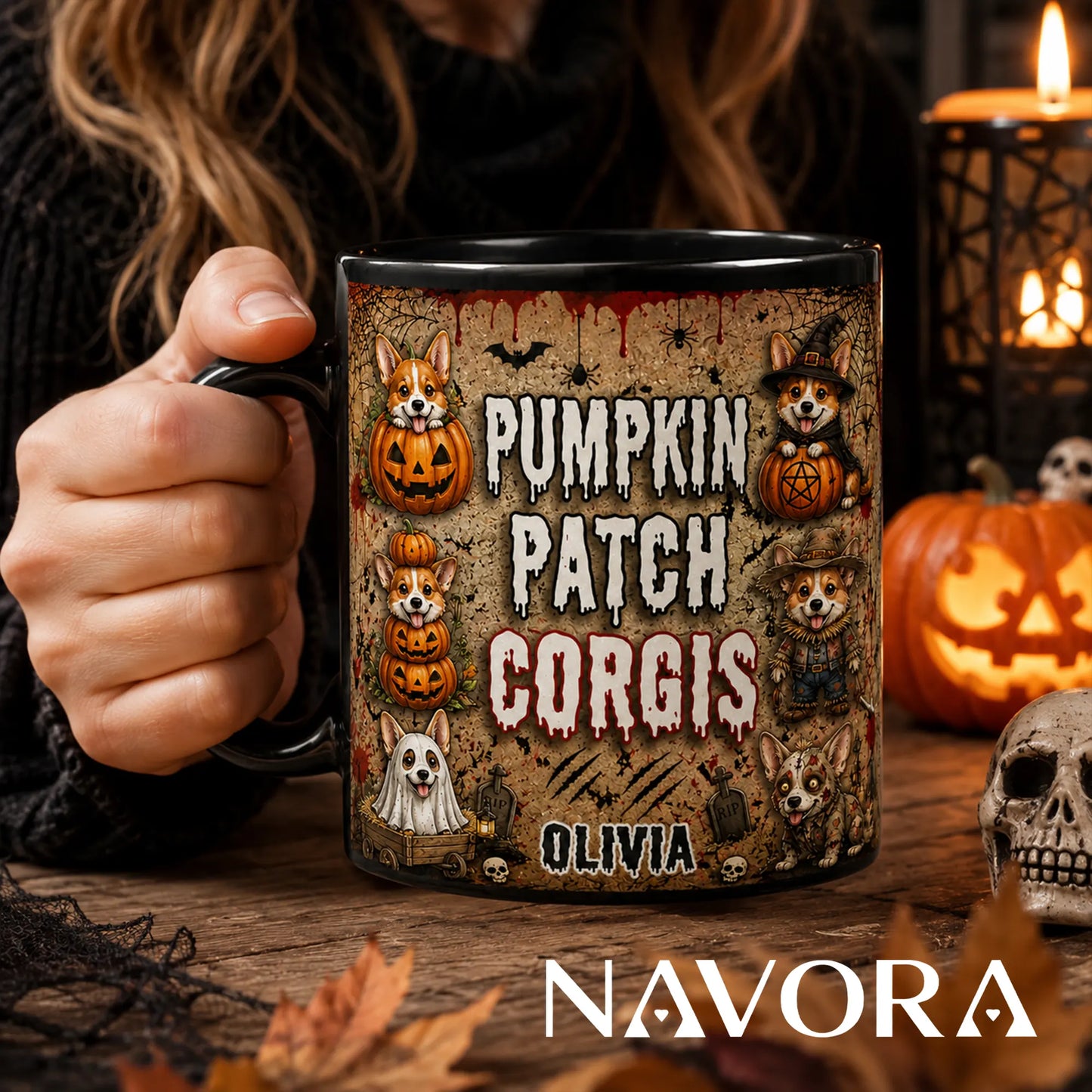 Personalized Pumpkin Patch Corgis Halloween mug with custom name, witch, ghost, scarecrow, zombie dogs, and jack-o’-lanterns