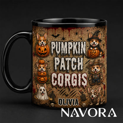 Personalized Pumpkin Patch Corgis Halloween mug with custom name, witch, ghost, scarecrow, zombie dogs, and jack-o’-lanterns