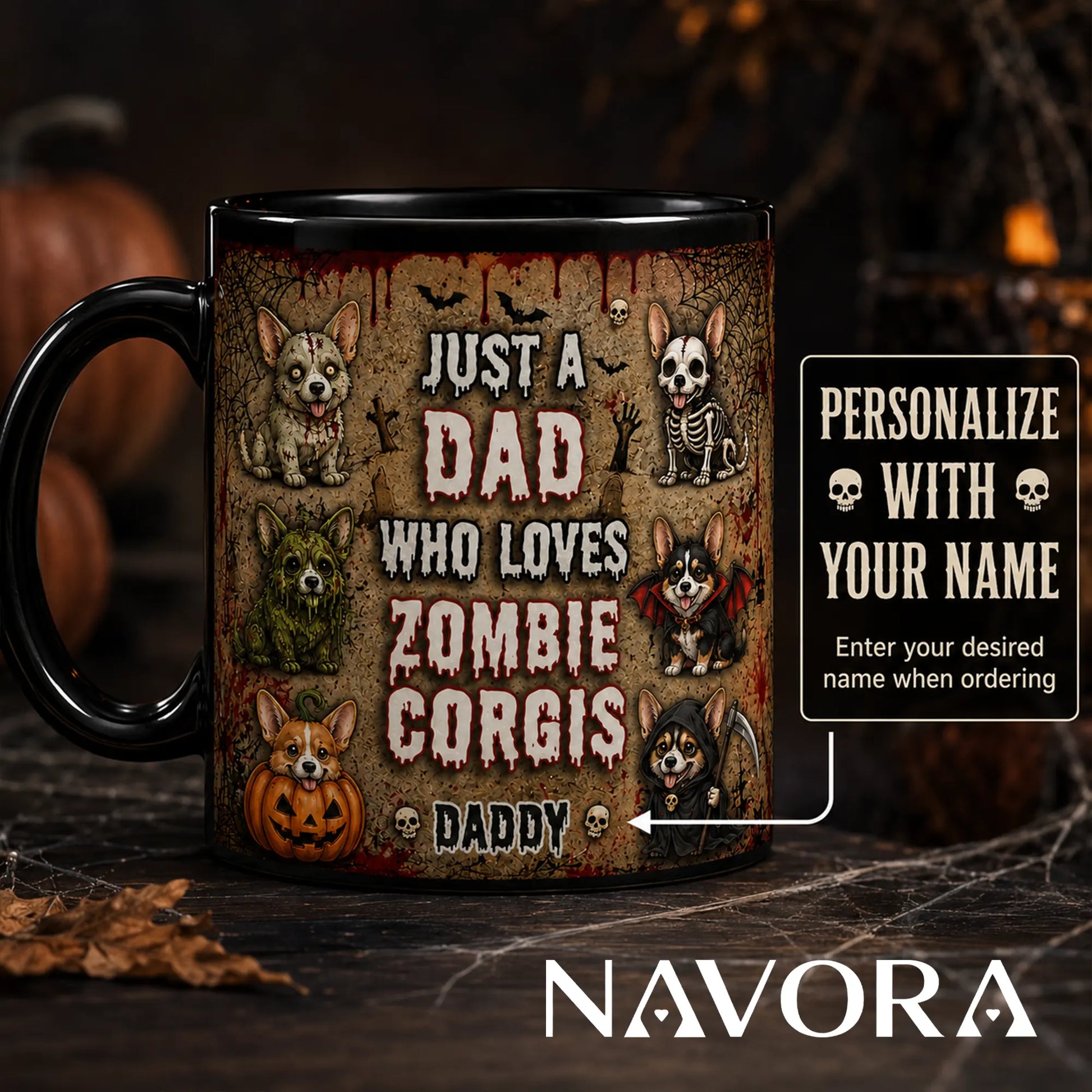 Personalized Zombie Corgis Halloween mug for dad with custom name, zombie, skeleton, vampire, pumpkin, swamp, and grim reaper dogs