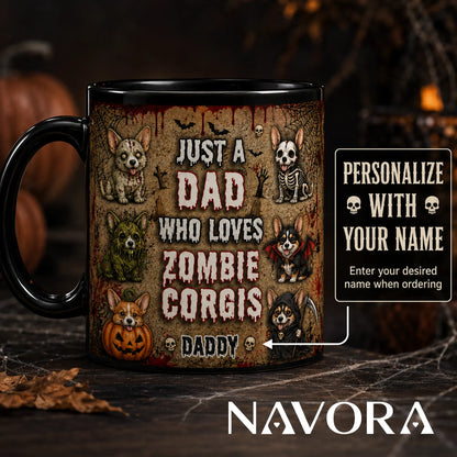 Personalized Zombie Corgis Halloween mug for dad with custom name, zombie, skeleton, vampire, pumpkin, swamp, and grim reaper dogs