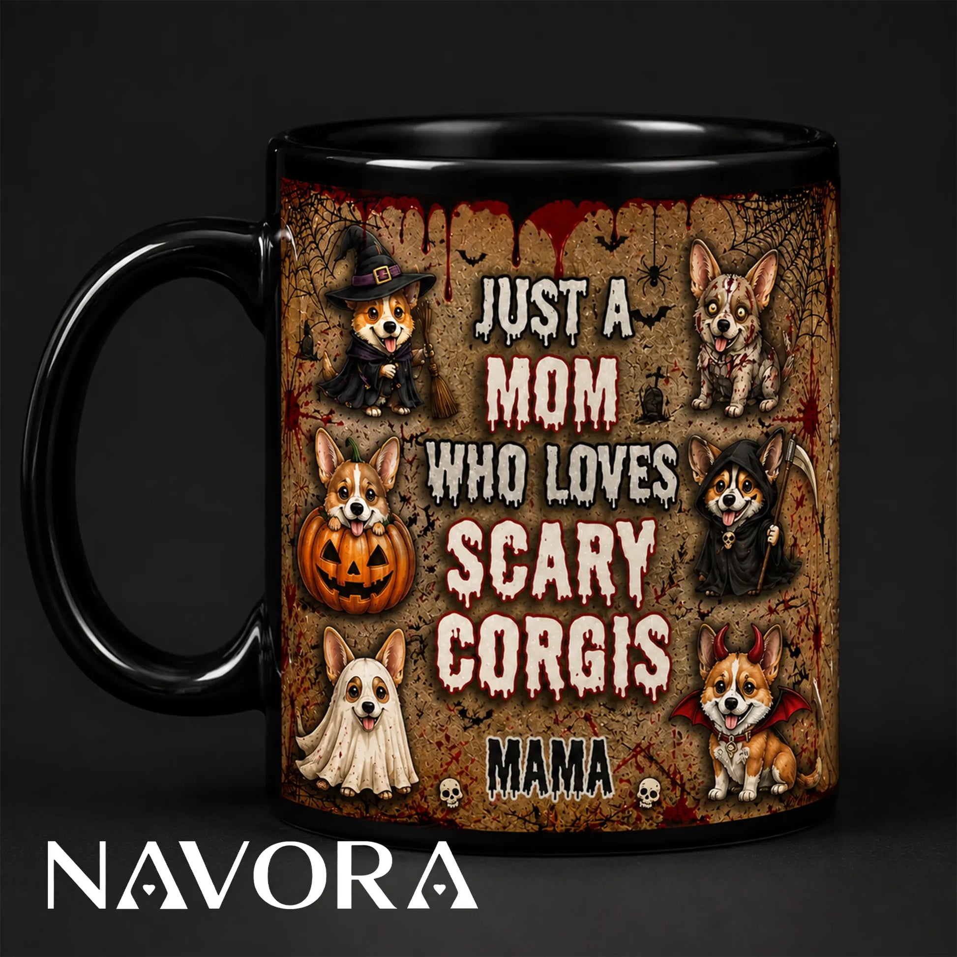 Personalized Scary Corgis Halloween mug for mom with custom name, witch, zombie, pumpkin, ghost, grim reaper, and devil dogs
