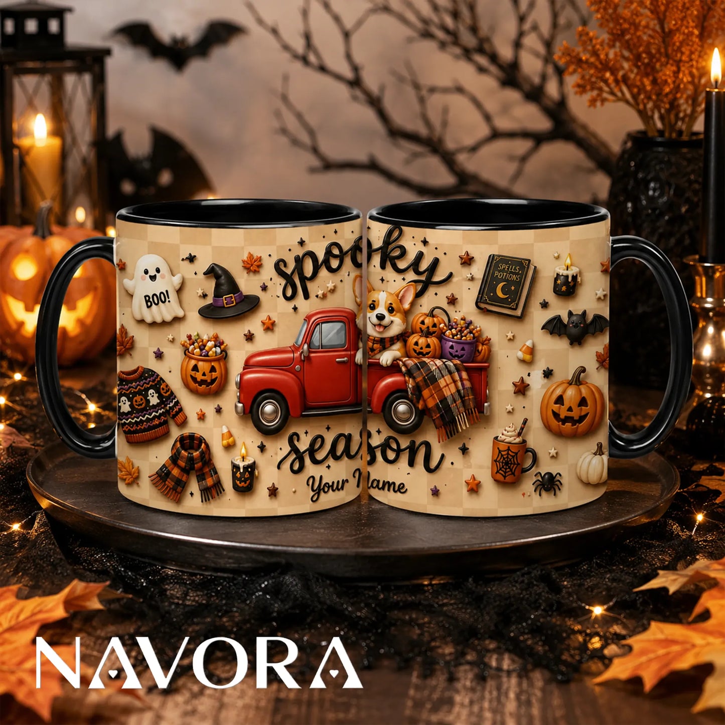 Personalized Spooky Season Corgi mug with red truck, pumpkins, Halloween decorations and custom name