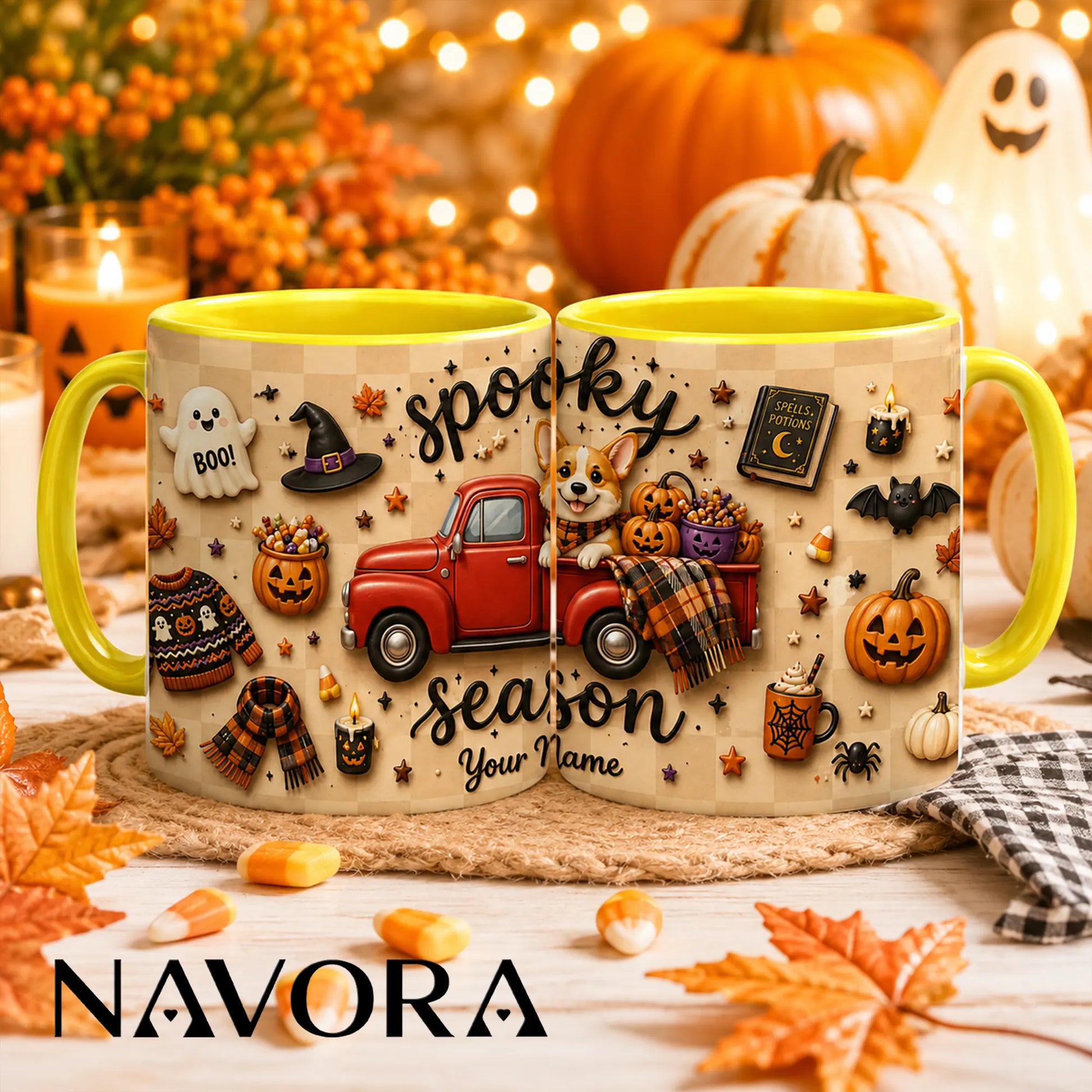 Personalized Spooky Season Corgi mug with red truck, pumpkins, Halloween decorations and custom name