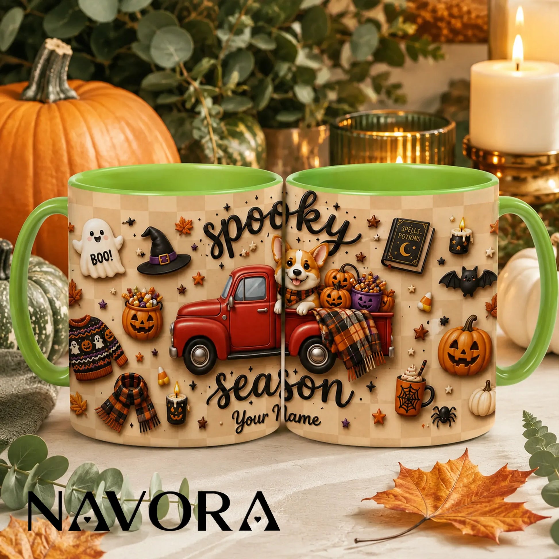 Personalized Spooky Season Corgi mug with red truck, pumpkins, Halloween decorations and custom name