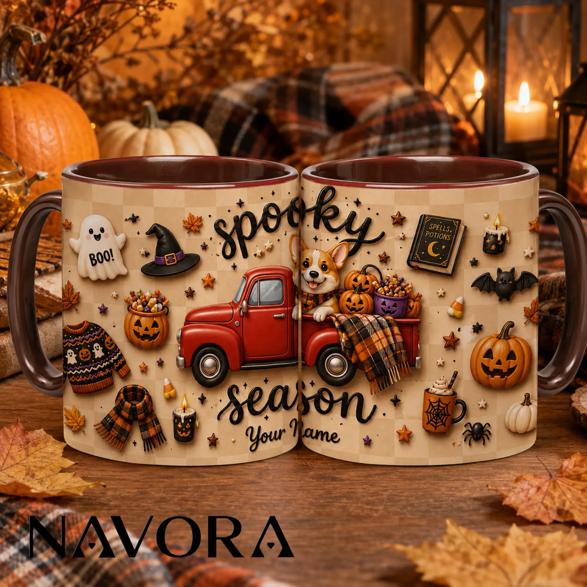 Personalized Spooky Season Corgi mug with red truck, pumpkins, Halloween decorations and custom name