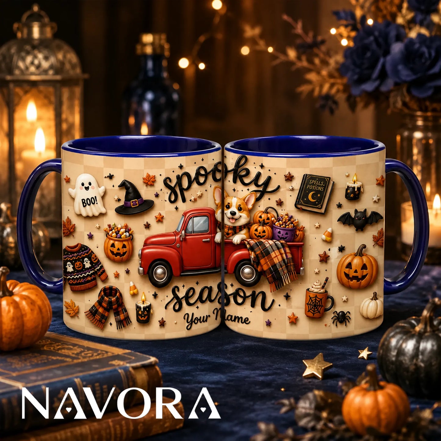 Personalized Spooky Season Corgi mug with red truck, pumpkins, Halloween decorations and custom name