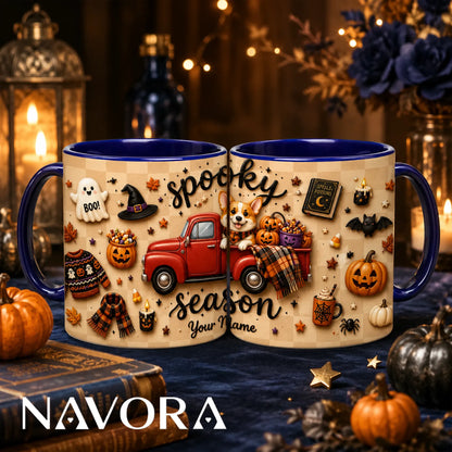 Personalized Spooky Season Corgi mug with red truck, pumpkins, Halloween decorations and custom name