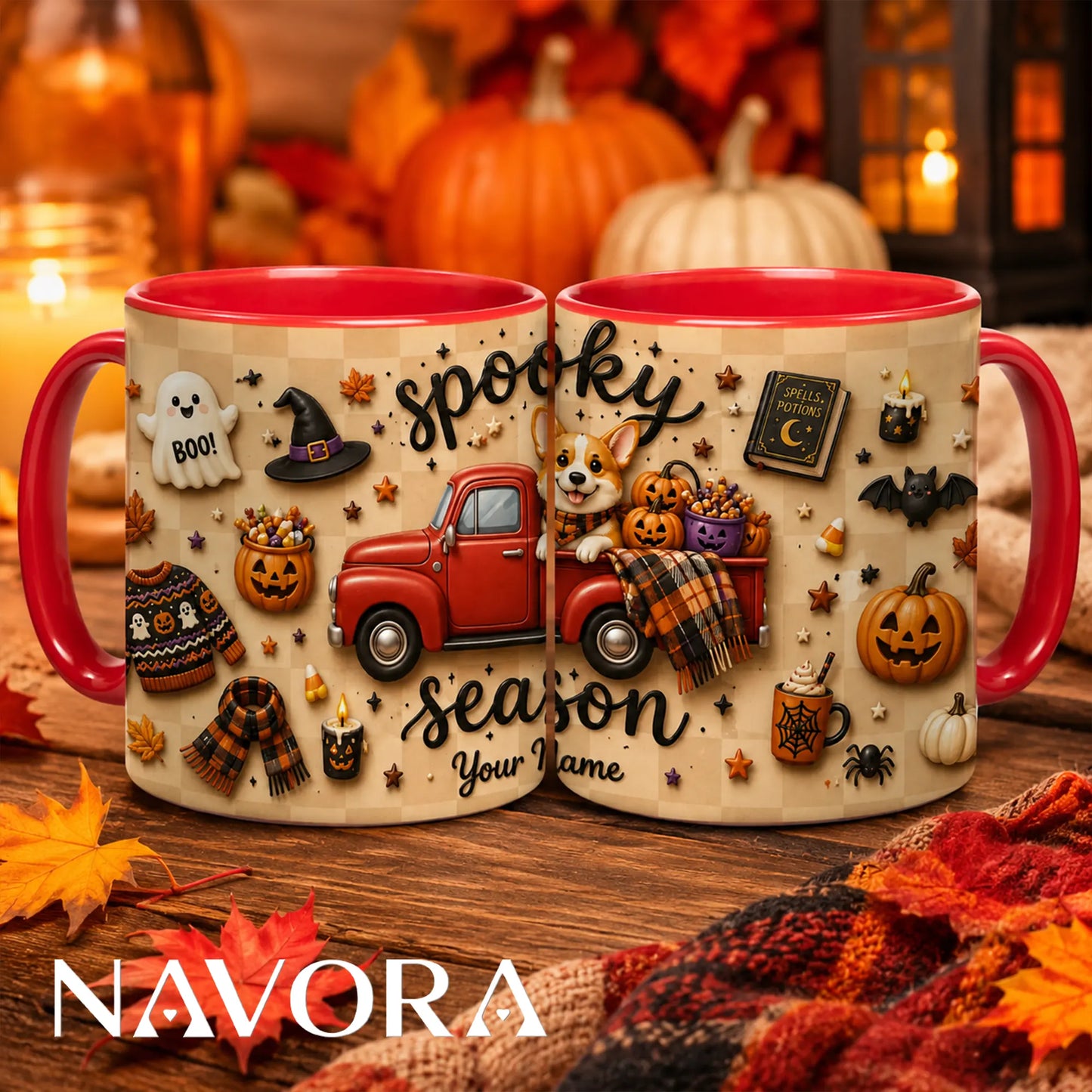 Personalized Spooky Season Corgi mug with red truck, pumpkins, Halloween decorations and custom name