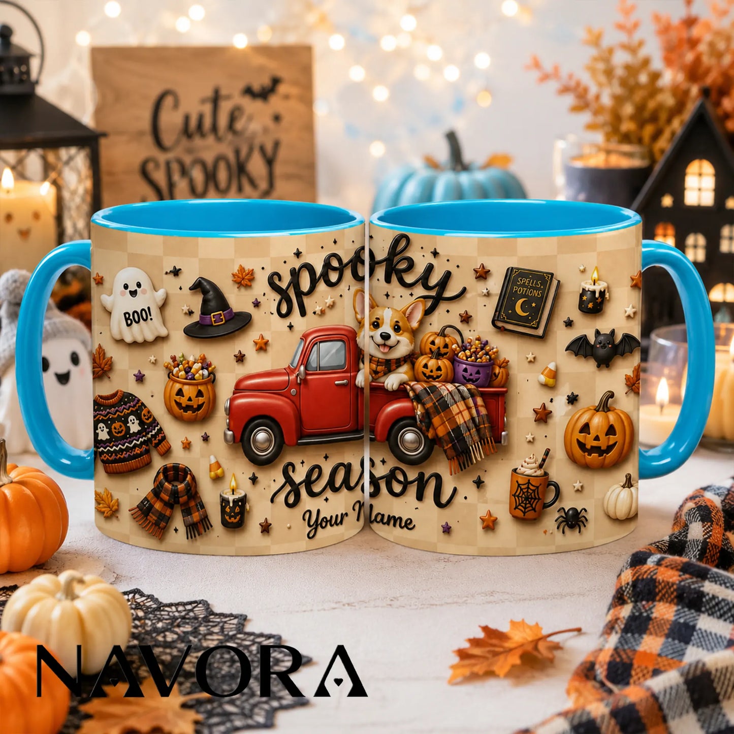 Personalized Spooky Season Corgi mug with red truck, pumpkins, Halloween decorations and custom name