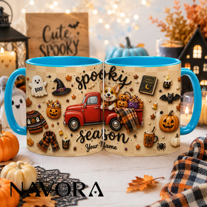 Personalized Spooky Season Corgi mug with red truck, pumpkins, Halloween decorations and custom name