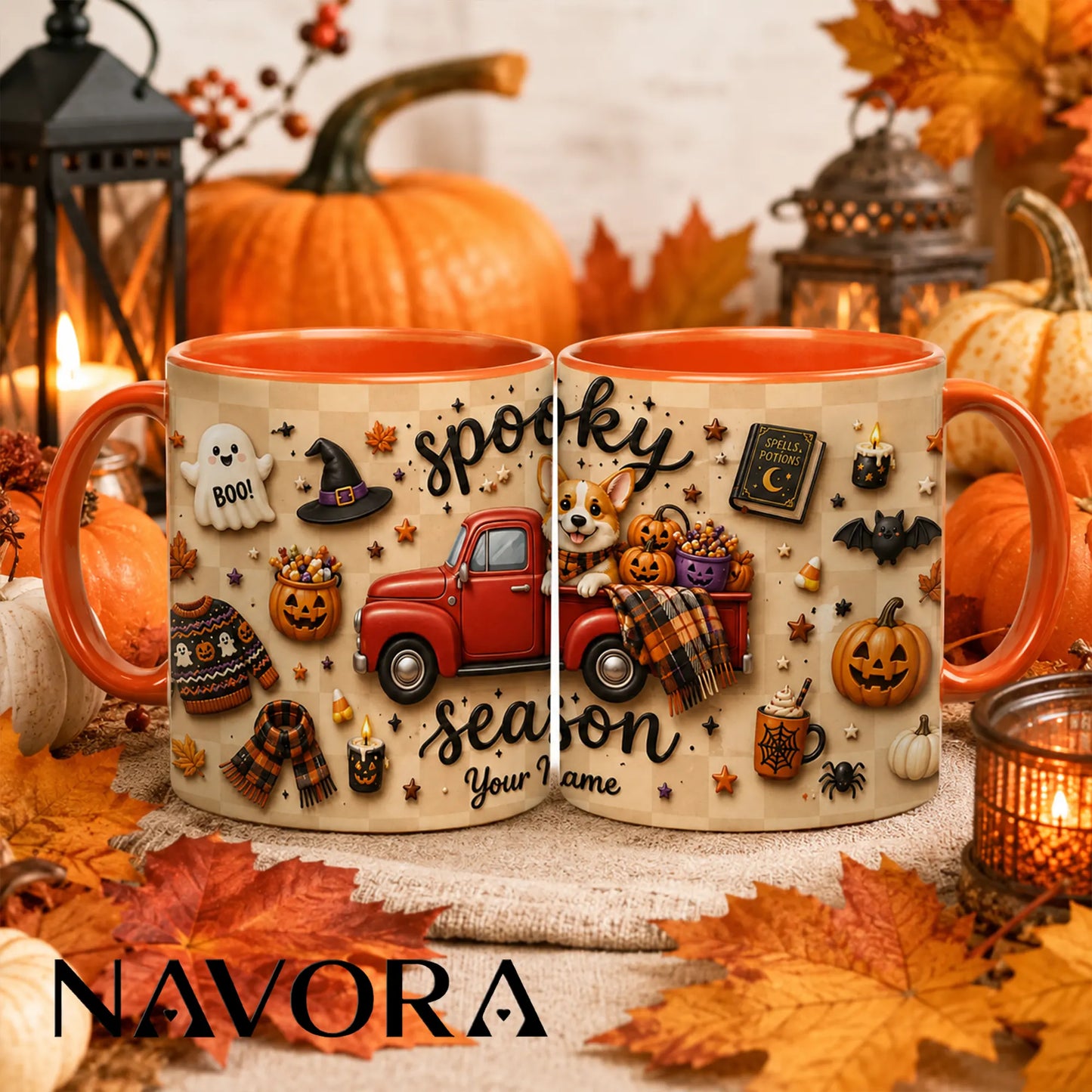 Personalized Spooky Season Corgi mug with red truck, pumpkins, Halloween decorations and custom name