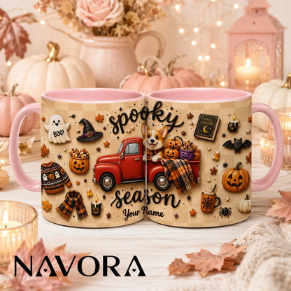 Personalized Spooky Season Corgi mug with red truck, pumpkins, Halloween decorations and custom name