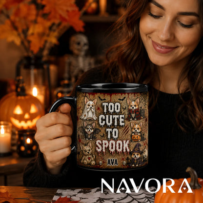Personalized Too Cute to Spook Corgi Halloween mug with custom name, ghost, bat, pumpkin, stitched doll, and witch dogs