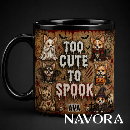 Personalized Too Cute to Spook Corgi Halloween mug with custom name, ghost, bat, pumpkin, stitched doll, and witch dogs