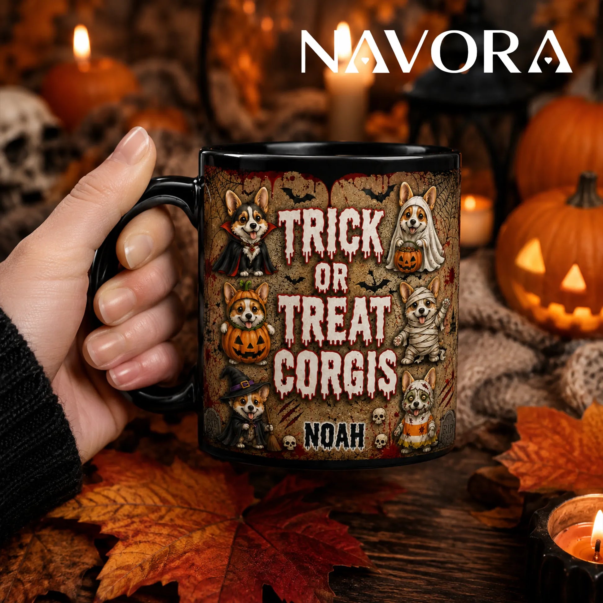 Personalized Trick or Treat Corgis Halloween mug with custom name, vampire, ghost, pumpkin, mummy, witch, and zombie dogs