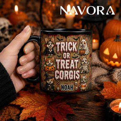 Personalized Trick or Treat Corgis Halloween mug with custom name, vampire, ghost, pumpkin, mummy, witch, and zombie dogs