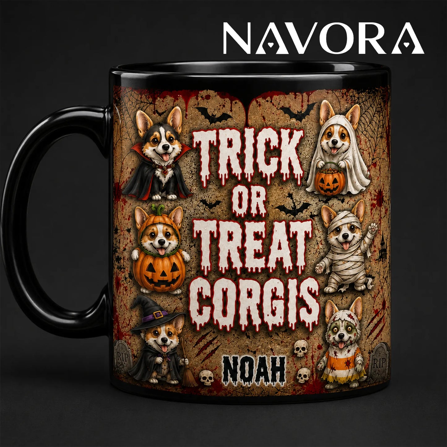 Personalized Trick or Treat Corgis Halloween mug with custom name, vampire, ghost, pumpkin, mummy, witch, and zombie dogs