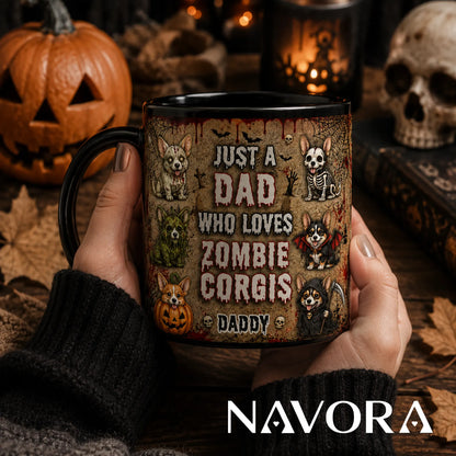 Personalized Zombie Corgis Halloween mug for dad with custom name, zombie, skeleton, vampire, pumpkin, swamp, and grim reaper dogs