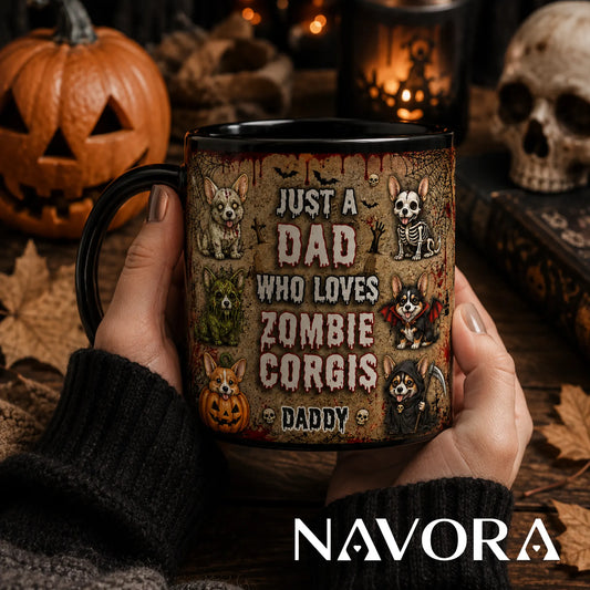 Personalized Zombie Corgis Halloween mug for dad with custom name, zombie, skeleton, vampire, pumpkin, swamp, and grim reaper dogs