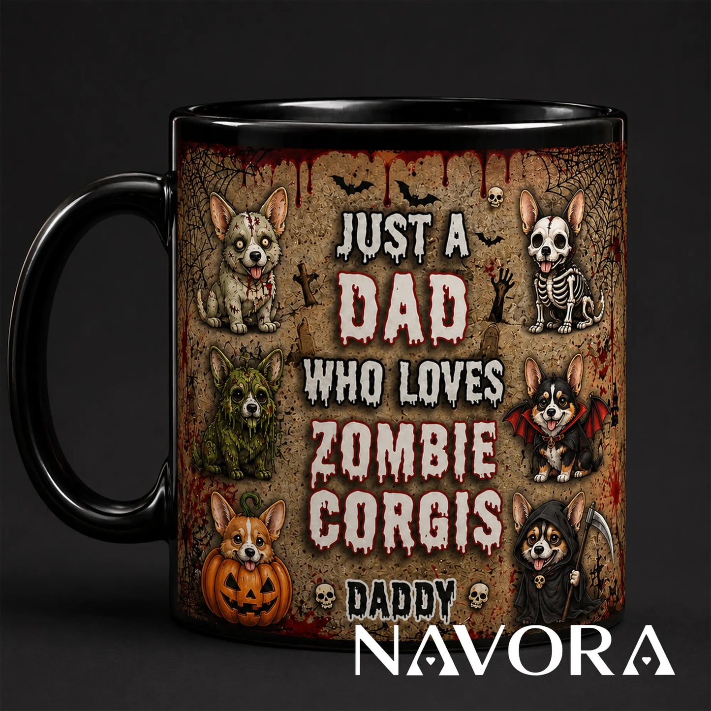Personalized Zombie Corgis Halloween mug for dad with custom name, zombie, skeleton, vampire, pumpkin, swamp, and grim reaper dogs
