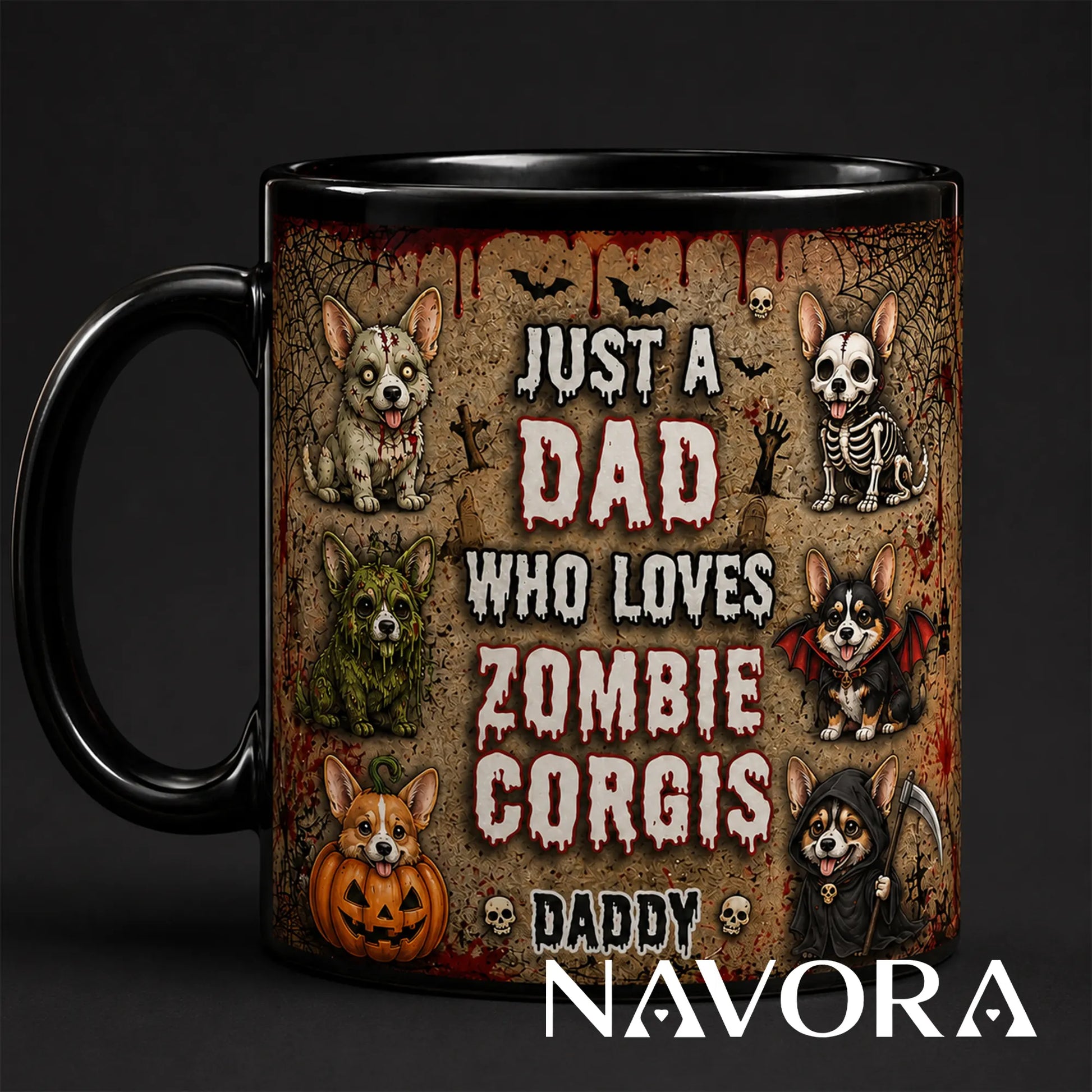 Personalized Zombie Corgis Halloween mug for dad with custom name, zombie, skeleton, vampire, pumpkin, swamp, and grim reaper dogs